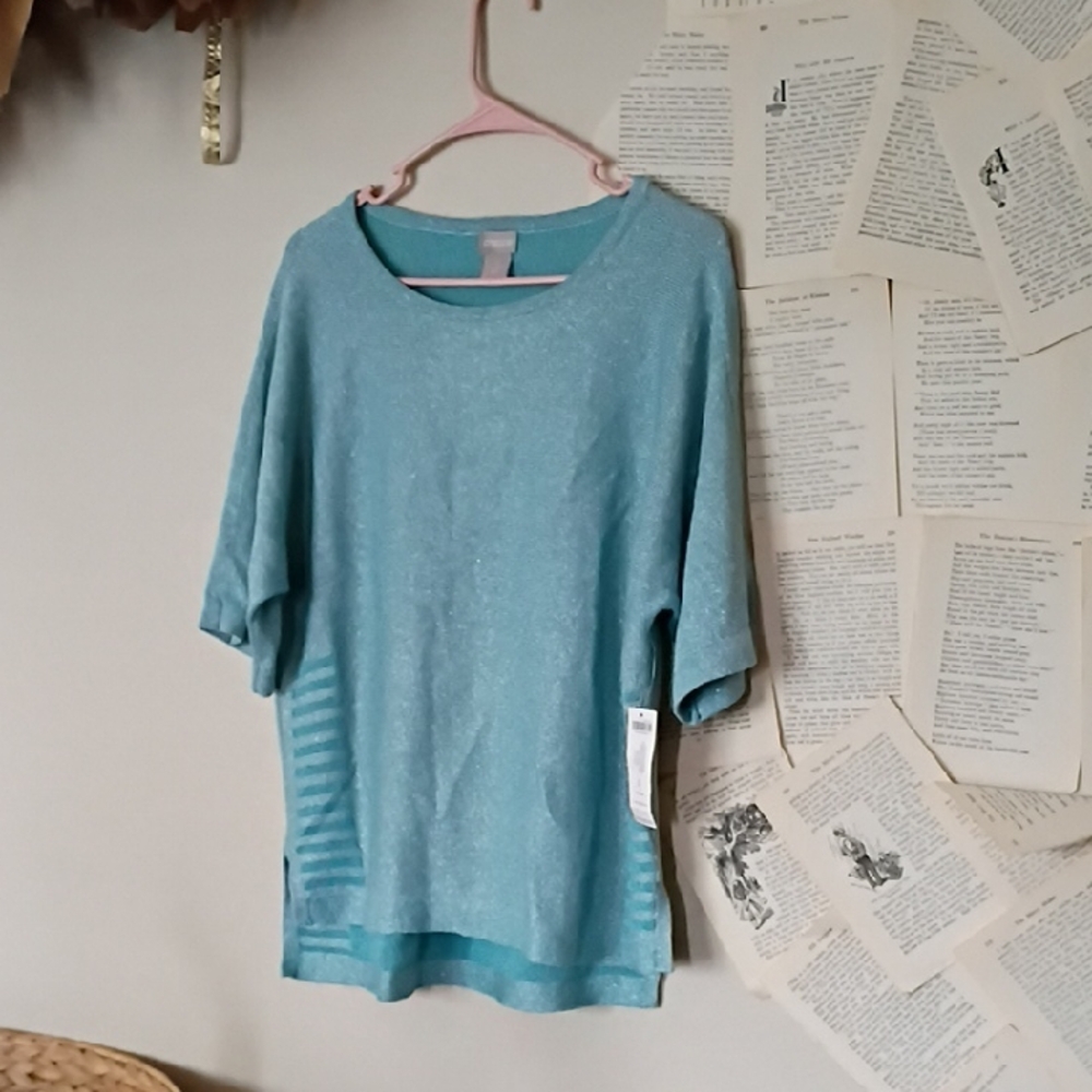 Chico's Teal and Silver Striped Sweater